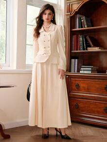 SHEIN MOD Women's Apricot Puff Sleeve Double-Breasted Cinched Waist Blazer And A-Line Skirt Set In Fall/Winter - Apricot - View 1
