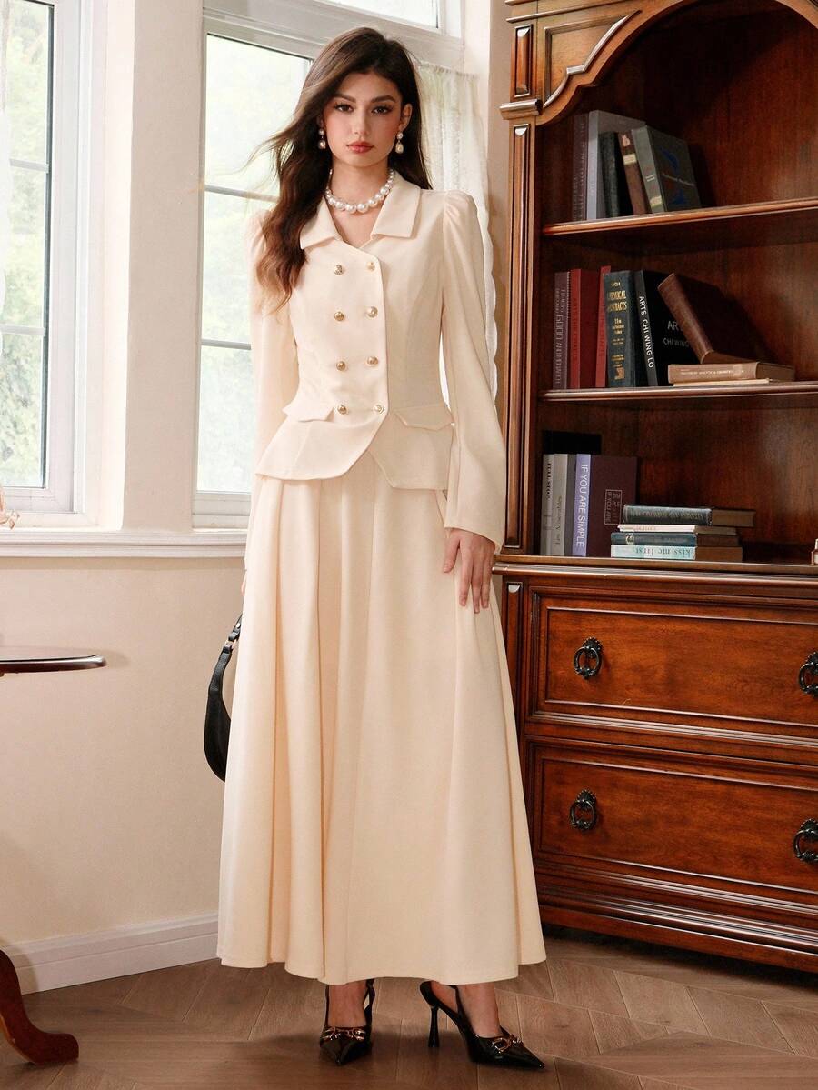 SHEIN MOD Women's Apricot Puff Sleeve Double-Breasted Cinched Waist Blazer And A-Line Skirt Set In Fall/Winter - Apricot - View 1