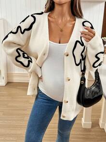 SHEIN 秋冬女装冬季毛衣孕妇休闲碎花图案开衫秋冬 - 杏色 - 查看 3