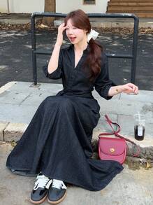 DAZY 2pcs Women's Korean Style Tie-Up Long Sleeve Shirt & Denim Skirt Suit, Spring/Autumn - Blue - View 5