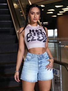 SHEIN ICON 女士休闲水洗牛仔短裤，夏季 - 淺色水洗藍 - 查看 3