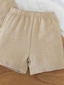 SHEIN 3 件婴儿背心、短裤和蝴蝶结套装，宝宝的第一个母亲节服装，时尚 V 领背心，夏季新款连衣裙套装，V 领背心上衣带假口袋装饰，蝴蝶结可折叠，松紧腰裤，适合生日、派对、婚礼、返校 - 杏色 - 查看 3