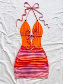 Soleia 女士浪漫针织网眼日落渐变印花深 V 领露背褶饰紧身迷你连衣裙，适合节日、约会、下午茶、海滩度假、城市旅行、婚礼季、音乐节、波西米亚风度假，可内外穿着