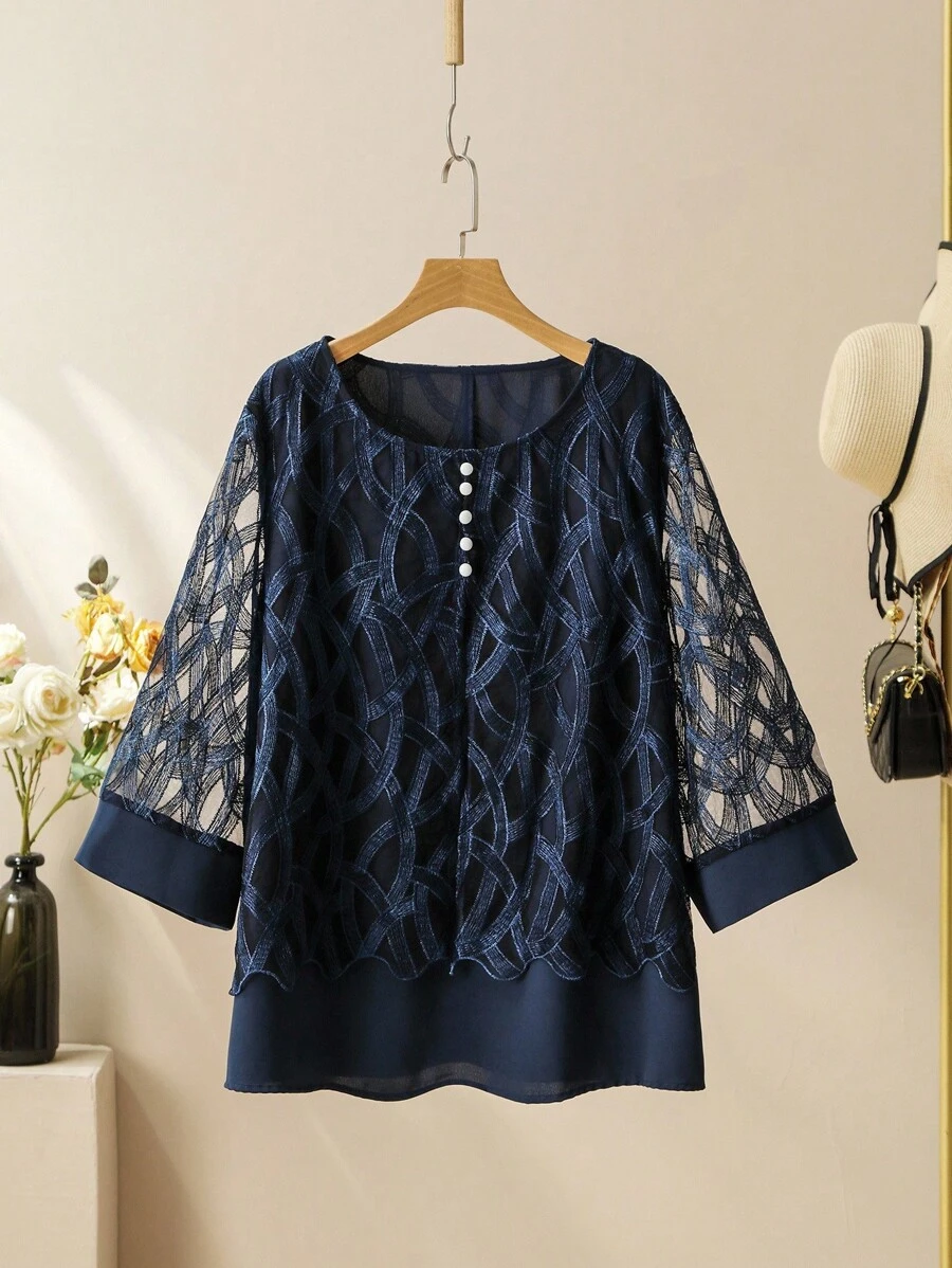 Lacomfia Camicetta da donna taglie forti con maniche a 3/4, in colore unito, con ricamo e rete - Blu Navy - Visualizzare 1