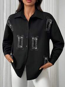 EURMUSE Black Long-Sleeve Button-Up Shirt With Classic Collar, Embellished With Geometric Rhinestone Patterns, Loose Fit, Stylish And Elegant Design - Black - View 3