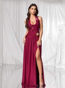 Coutiva Women's Formal Evening Gown (Heavily Embellished) Sequin Dress  Lace Dress Red Dress Burgundy Dress Luxury Evening Dresses For Women - Burgundy - View 9