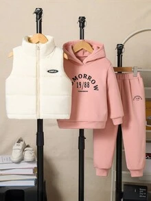 SHEIN Explorewe 3件組少女淺粉色連帽衛衣、長褲、絎縫無袖背心套裝，柔軟舒適返校穿搭，秋季校園少女服飾 - 粉色 - 查看 7