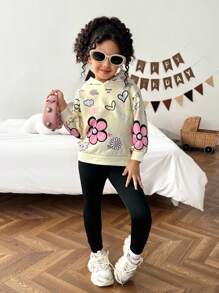 SHEIN 2pcs/Set Young Girl Ditsy Floral Hooded Sweatshirt And Leggings Casual Outfit  Tracksuit Fall Winter - Apricot - View 3
