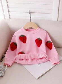 Baby Girls' Pink Knitted Long Sleeve 3D Strawberry Graphic Sweatshirt, Cute & Sweet, Autumn/Winter Fall - Pink - View 4