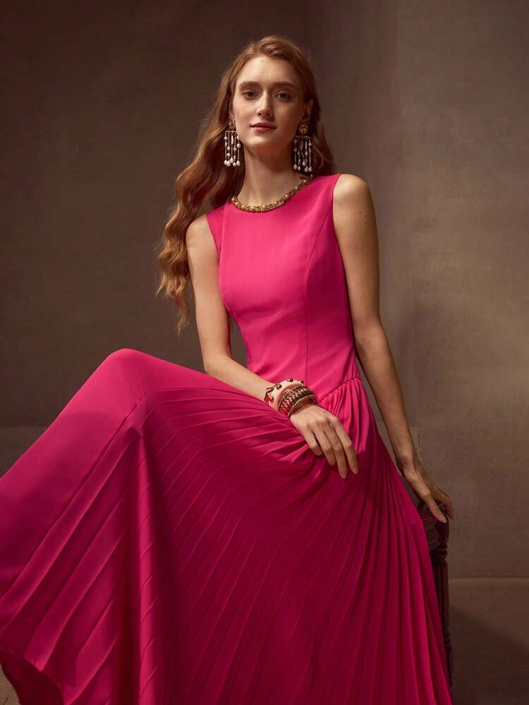 ELEGANT RHINESTONE PLEATED WAIST MIDI DRESS