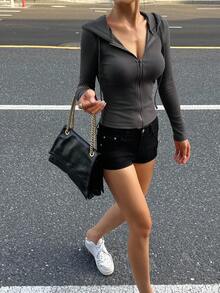 DAZY 女式连帽修身长袖开衫薄款夹克秋冬 - 深灰色 - 查看 3