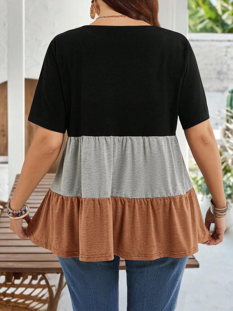 Plus Size Women Colorblock Round Neck Short Sleeve Ruffle Hem Casual Tunic Tops For Spring And Summer Mother's Day Plus Size T-Shirts Plus Size Casual Tops Women Plus Size Tops Fall Women Clothes