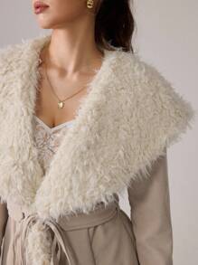 SHEIN MOD 女士秋冬大领收腰系带休闲长袖夹克 - 白色 - 查看 5