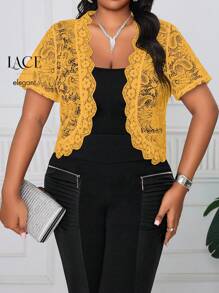 SHEIN Lady Plus Size Solid Color Short Sleeve Lace Jacket, Valentine's Day Gifts, Summer Festival Fall Winter Autumn