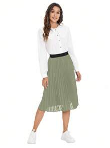 Ellevyn Women's Fashion Casual Elegant Contrast Color Pleated Midi Skirt