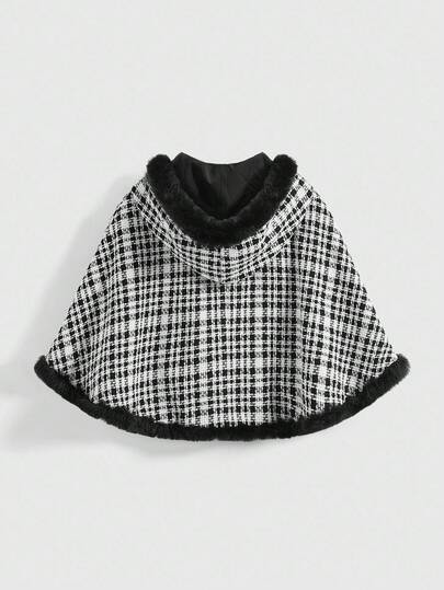 J-Fashion Women's Autumn Fashion Plaid Print Tie-Front Hooded Cape Jacket