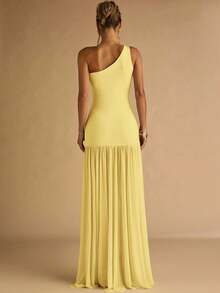 SHEIN BAE 女士杏色不对称肩部金属扣装饰紧身连衣裙，透明下摆，优雅 - 黃色 - 查看 2