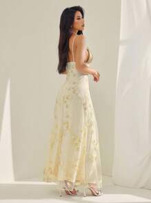 SHEIN PETITE Women's Sexy Elegant Deep V Ruched Bust Embroidered Fitted Waist Romantic Embroidered Dress Gold Long Dress Champagne Dress Low Cut Dress Goddess Dress Dress With Built In Bra - Apricot - View 2