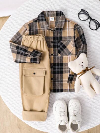 SHEIN 2 件套年轻男孩/女孩格子领长袖衬衫和休闲裤套装，适合秋冬季、假期、返校、复古风格、万圣节和其他场合