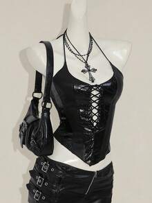 SHEIN ICON Women's Retro Sexy Avant-Garde Fashion Personalized Street Millennial Style Y2K Halloween Wear Sequined Leather Stitching Front Center Strap Pointed Hem Bat Shape Slim Fit Top - Black - View 6