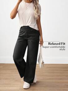 SHEIN PETITE Damen Lässig Gewaschen Hohe Taille Gerade Bein Jeans