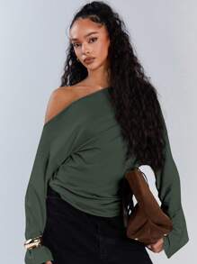 Athîral 女士休闲纯色不对称领抽绳上衣，秋季 - 墨綠色 - 查看 3