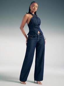Denimoi Low Rise Straight Leg Core Classic Denim Jeans Everyday Jeans - Dark Wash - View 4