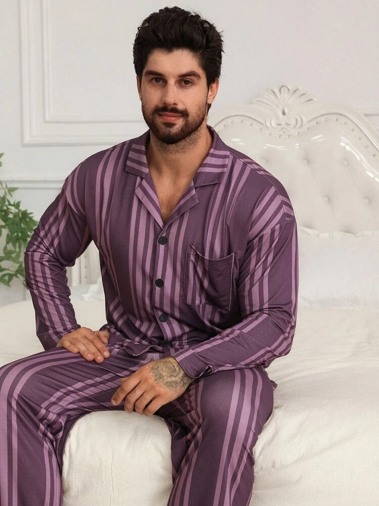 Men's Striped Multi-Color Shirt And Loungewear Set, Autumn, Fall Clothes Pajama