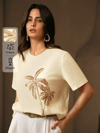 Anewsta Camiseta Básica Casual Feminina de Manga Curta com Gola Redonda, Elegante para Primavera e Praia, Branca, com Bordado Floral de Pérolas, Caimento Reto