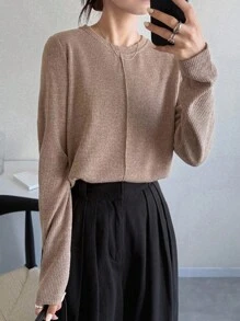 FRIFUL Women's Solid Khaki Round Neck Long Sleeve Loose Casual Versatile T-Shirt, Autumn