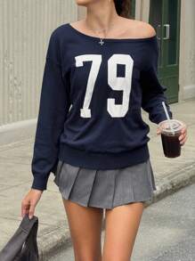 Jouncy Women's Colorblock Numeric Pattern Long Sleeve Sweater - Navy Blue - View 4