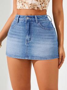 SHEIN ICON Women's Casual Washed Denim Mini Skirt, Summer - Light Wash - View 4