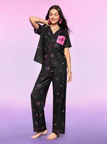 Notgurli Bộ đồ ngủ tay ngắn cài nút họa tiết vương miện và quần dài dành cho nữ - màu đen - Xem 5