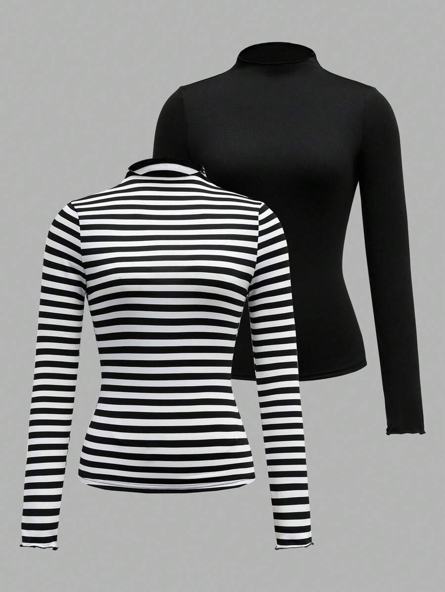 SHEIN EZwear 2 件休闲修身长袖 T 恤,条纹,适合秋冬季 - 彩色 - 查看 1