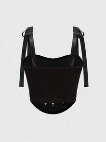 ROMWE Top court style camisole à col carré noir avec laçage, décoré de broderie en forme de cœur, de strass et de cristaux en forme de larme et d'étoile, dans un style gothique de palais