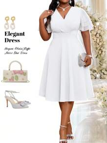 Fleurora 大码女式荷叶边裹腰夏季连衣裙，优雅婚礼宾客礼服，修身白色连衣裙，高贵典雅 - 白色 - 查看 1