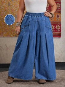 EMERY ROSE Jeans casual di moda con vita elastica, pieghe e tasche, per donne taglie forti