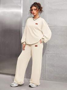 SHEIN 少女两件套杏色圆领针织衫长袖宽松补丁上衣和阔腿裤休闲家居服套装 - 杏色 - 查看 5