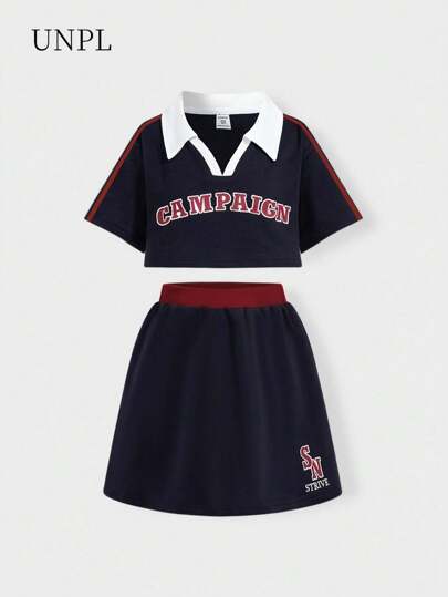 SHEIN Explorewe 3 件套青少年女孩休闲复古美式 Polo 领字母印花短款上衣，搭配纯色背心和 A 字裙，适合春季、夏季、学校、运动、户外活动