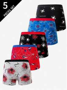 5 件装青少年男童舒适彩色可爱蜘蛛印花棉质内裤，返校时尚男童平角裤套装 - 彩色 - 查看 2