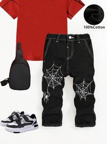 SHEIN Young Boy Cool Halloween Spider Print Loose Denim Black Jeans - Black - View 1