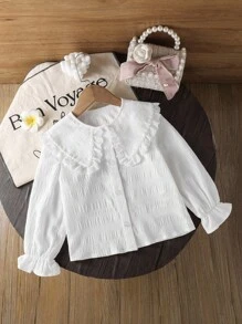 SHEIN 年轻女孩休闲白色纹理长袖衬衫 - 白色 - 查看 7