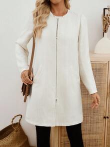 EMERY ROSE Veste longue décontractée à manches longues et fermeture éclair pour femmes, cardigan long blanc, cardigan long, cardigan duster, veste blanche pour femmes, cardigan, vêtements d'hiver pour femmes, veste d'hiver, manteau d'hiver, manteau d'hiver pour femmes, vêtements d'automne pour femmes