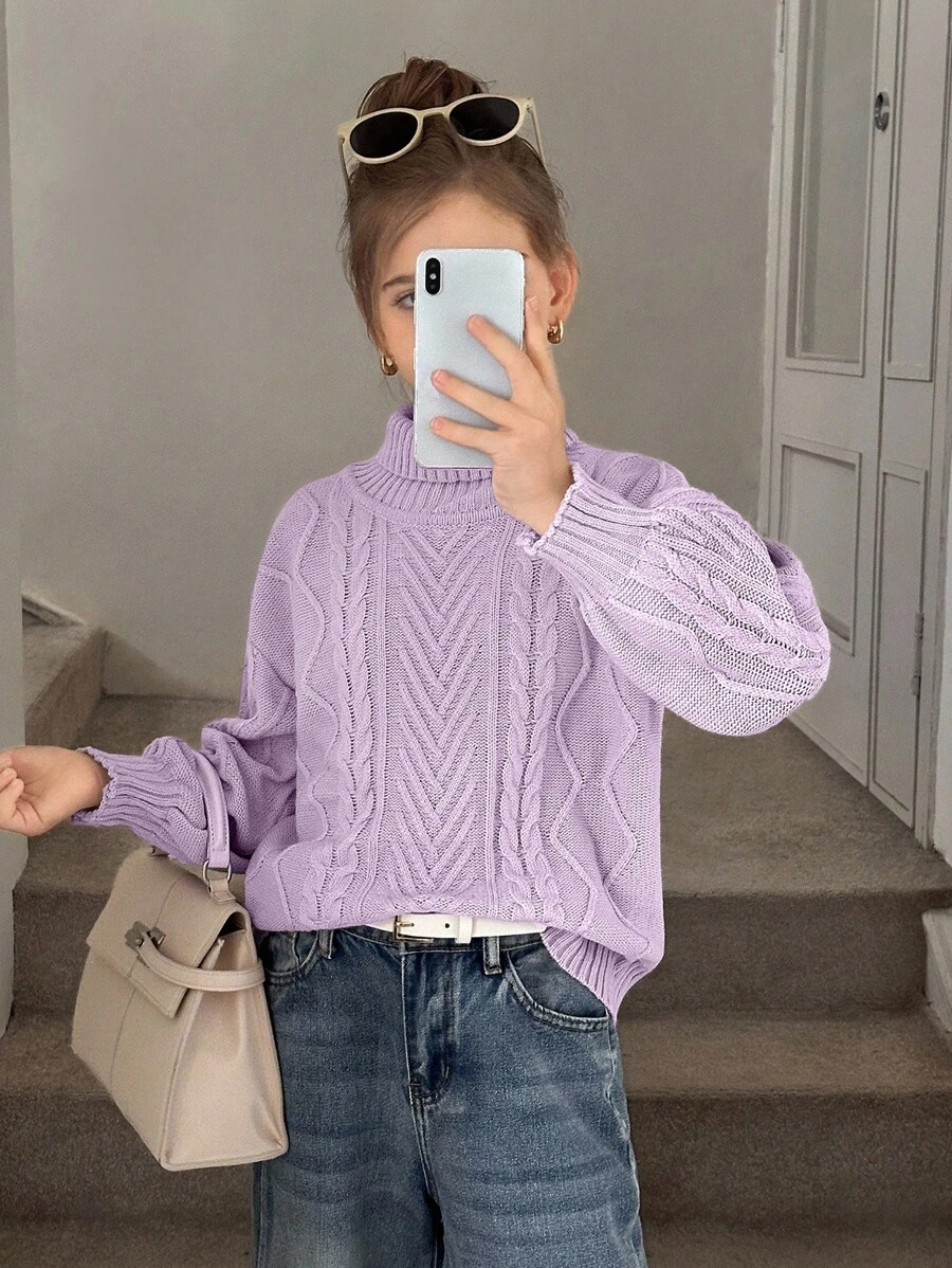 SHEIN Tween Girl Turtleneck Cable Knit Lantern Sleeve Sweater,In Fall/Winter - Lilac Purple - View 1