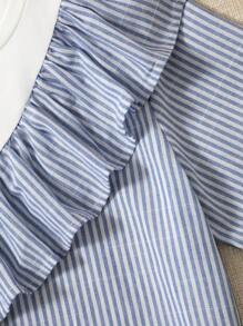 SHEIN Tween Girl Crew Neck Striped Color Block Short Sleeve T-Shirt, Suitable For Summer - Blue and White - View 4