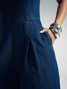 Denimoi 阔腿无袖牛仔连体裤 - 深色水洗藍 - 查看 4