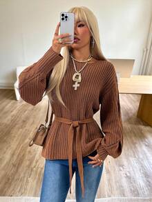 SHEIN EZwear Suéter casual de manga larga con cintura ceñida, estilo de dinero antiguo para mujer en otoño e invierno - Marrón - Ver 5