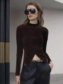 Uhlyne 女士优雅复古硬币型端庄时尚基本款高领不对称下摆修身通勤衬衫