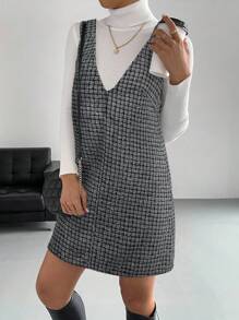 SHEIN BIZwear 女式格子V领无袖宽肩带休闲百搭连衣裙 - 灰色 - 查看 4