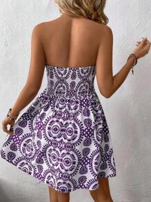 Breezaya 女士时尚蓝色印花露肩连衣裙度假海滩装 - 紫色 - 查看 2